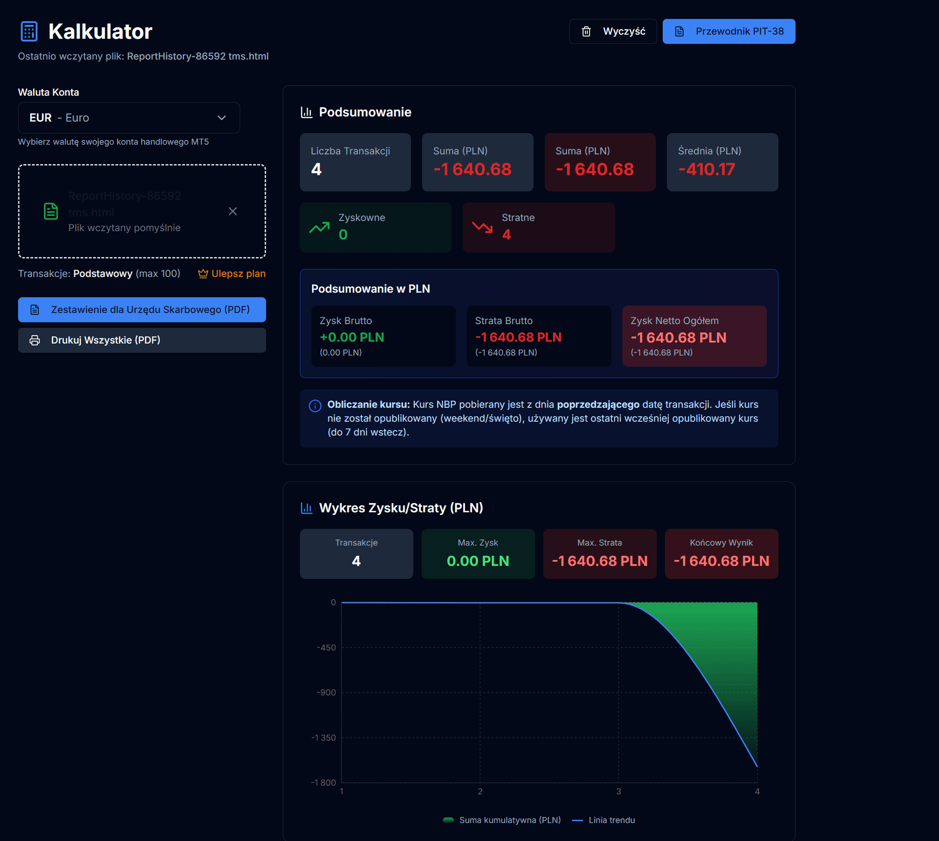 Kalkulator podatkowy MT5 - podgląd interfejsu
